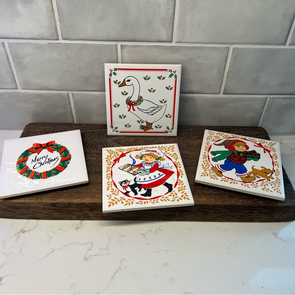 Set of 4 Vintage Christmas Coasters, goose, boy, girl and wreath